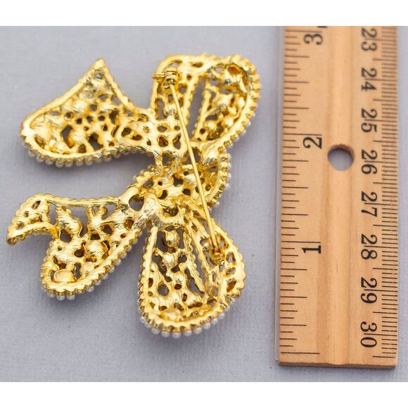 Vintage Rhinestone Ribbon Gold Tone Bow Femme Lady Fashion Brooch - C1 - Picture 2 of 2